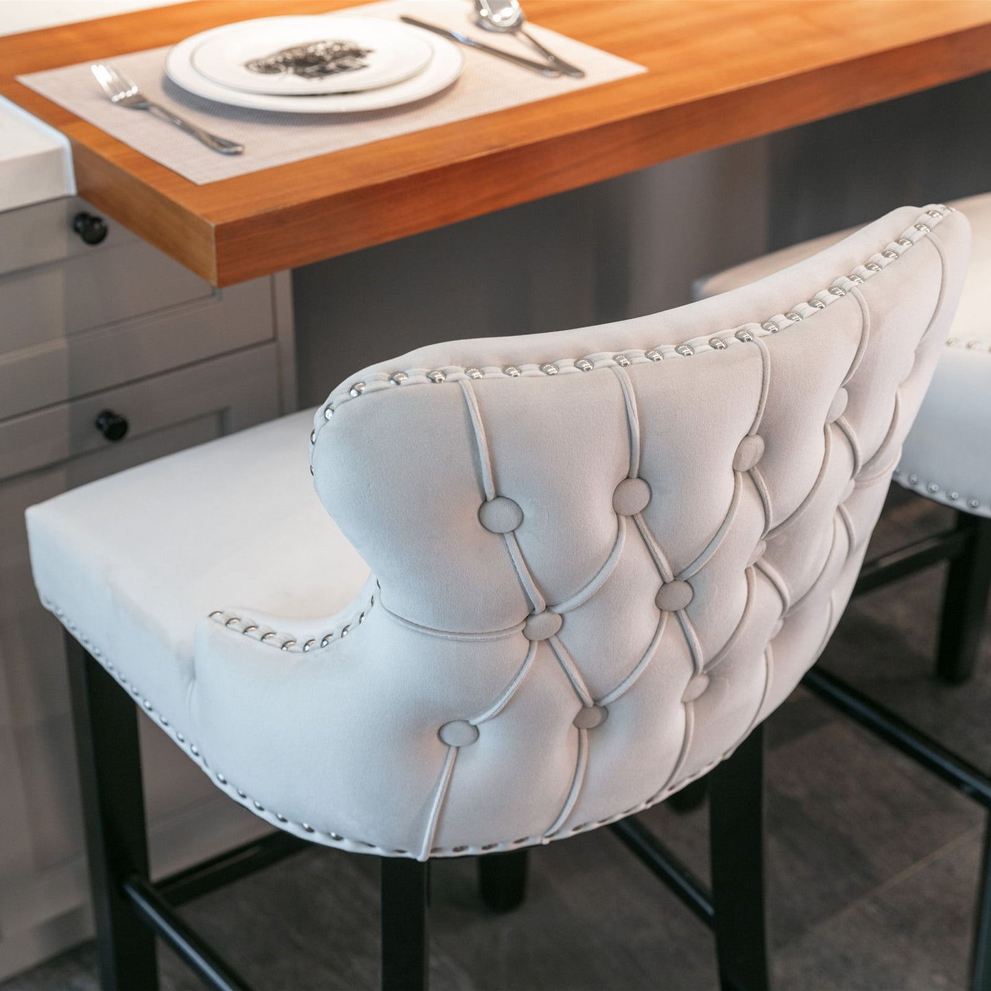 Contemporary Velvet Upholstered Wing-Back Barstools With Button Tufted Decoration And Wooden Legs, And Chrome Nailhead Trim, Leisure Style Bar Chairs, Bar Stools (Set of 4) - Beige
