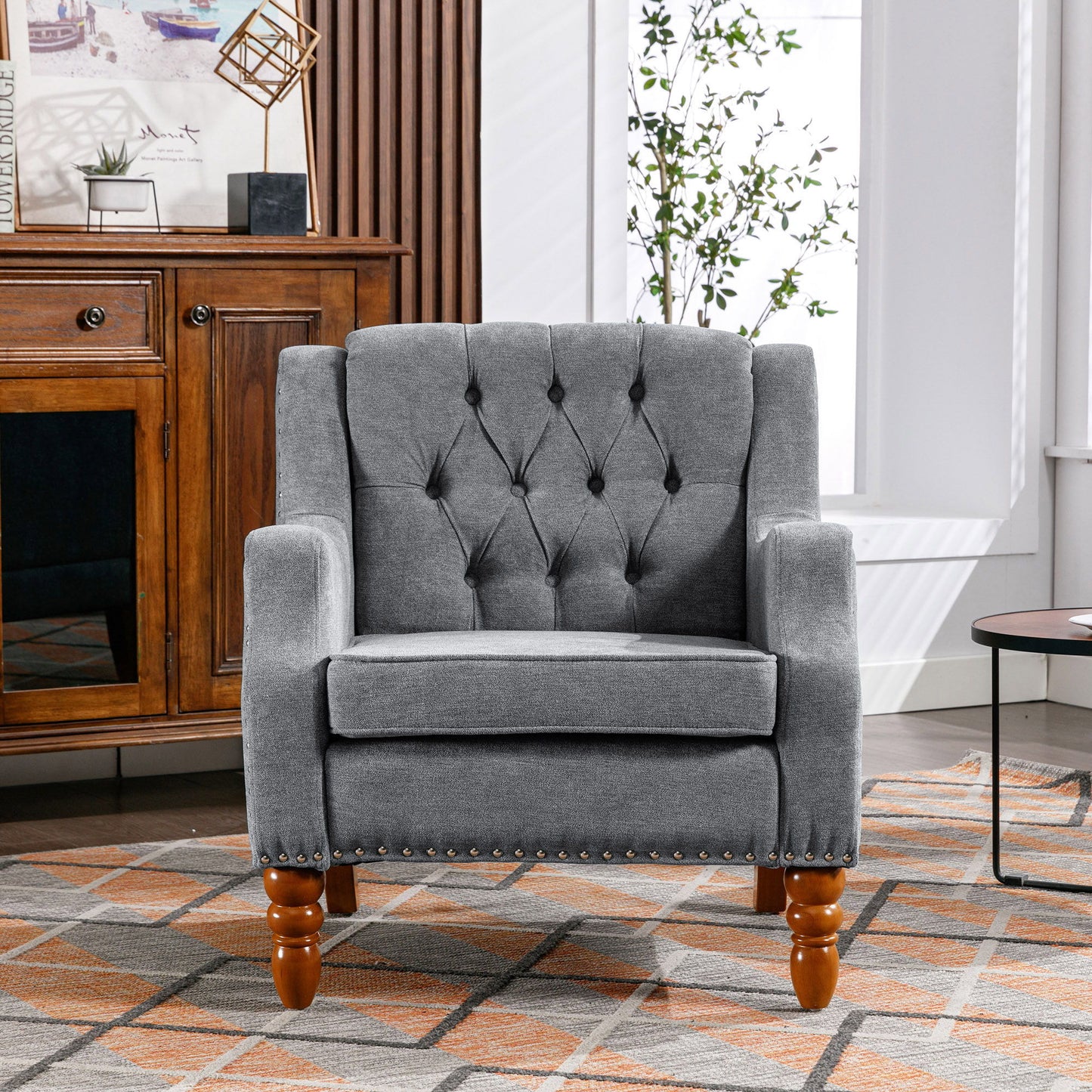 Accent Chair, Living Room Chair, Footrest Chair Set With Vintage Brass Studs, Button Tufted Upholstered Armchair For Living Room, Comfy Reading Chair For Bedroom, Reception Room - Gray