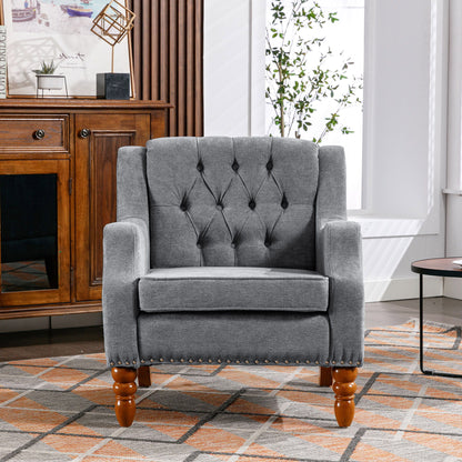 Accent Chair, Living Room Chair, Footrest Chair Set With Vintage Brass Studs, Button Tufted Upholstered Armchair For Living Room, Comfy Reading Chair For Bedroom, Reception Room - Gray