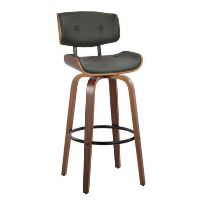 Lombardi - Mid-Century Modern Fixed Height Barstool With Swivel With Round Footrest (Set of 2) - Walnut / Gray