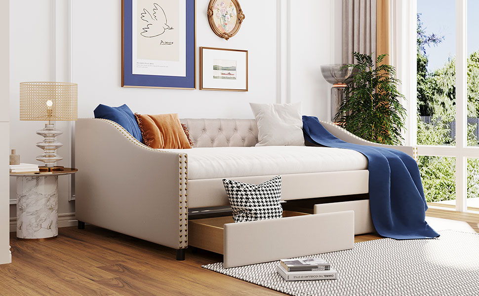 Full Size Upholstered Daybed With Two Drawers, Slat Support - Beige