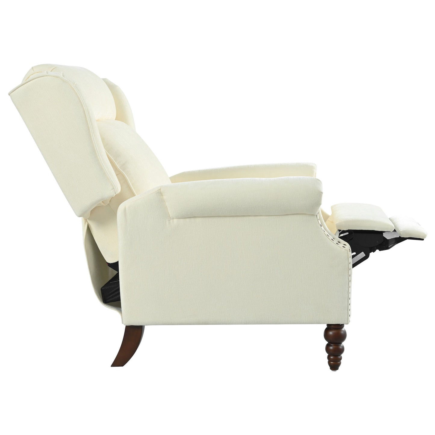 Push Back Recliner Chair Upholstered With Classic Wing Back And Solid Gourd-Shaped Legs For Living Room - Beige