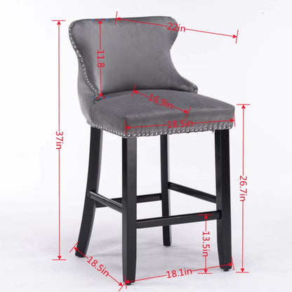 Contemporary Velvet Upholstered Wing-Back Barstools With Button Tufted Decoration And Wooden Legs, And Chrome Nailhead Trim, Leisure Style Bar Chairs, Bar Stools (Set of 4) - Beige