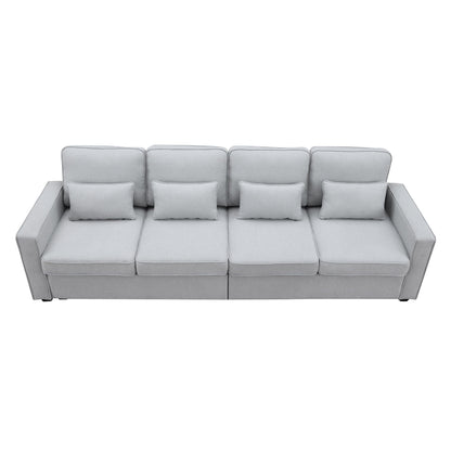 4 Seater Modern Linen Sofa With Armrest Pockets And 4 Pillows, Minimalist Style Couch - Light Gray