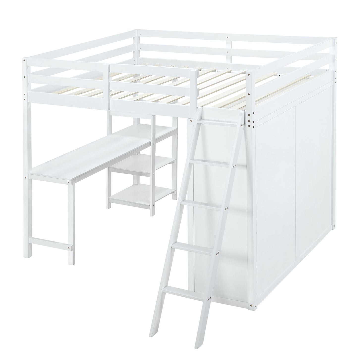 Full Size Loft Bed With Wardrobe And Desk And Shelves - White