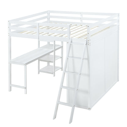 Full Size Loft Bed With Wardrobe And Desk And Shelves - White