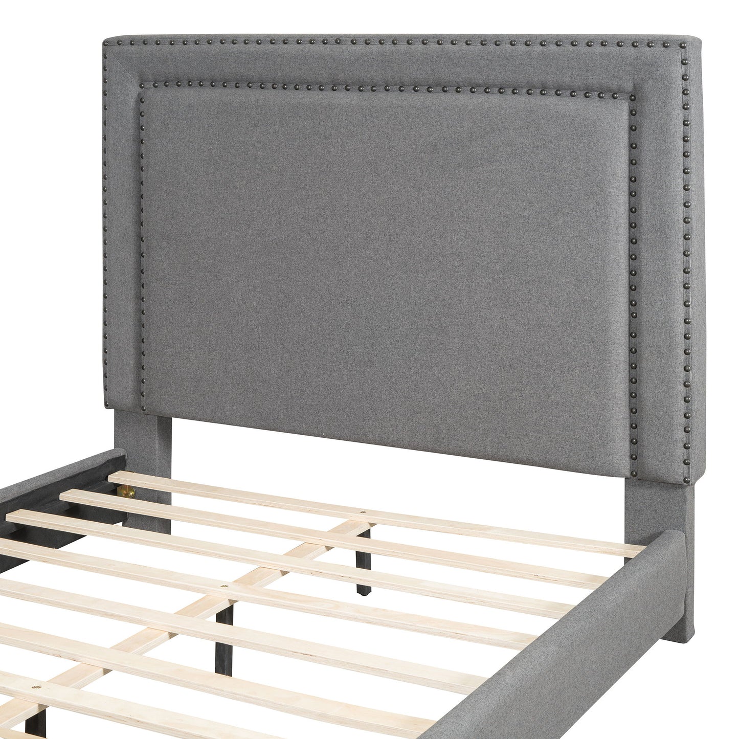 Queen Size Upholstered Bed With Slats Support, No Box Spring Needed - Gray