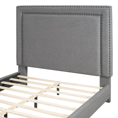 Queen Size Upholstered Bed With Slats Support, No Box Spring Needed - Gray