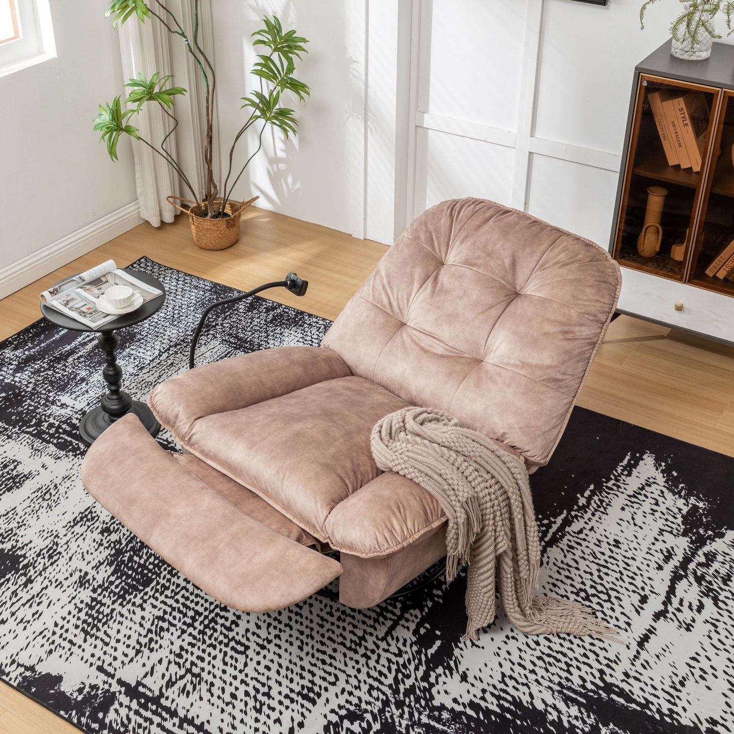 Modern Swivel Gliding Recliner Chair With Rocking Function And Phone Holder - Large Comfortable Reading Chair Stamped Velvet - Natural Brown