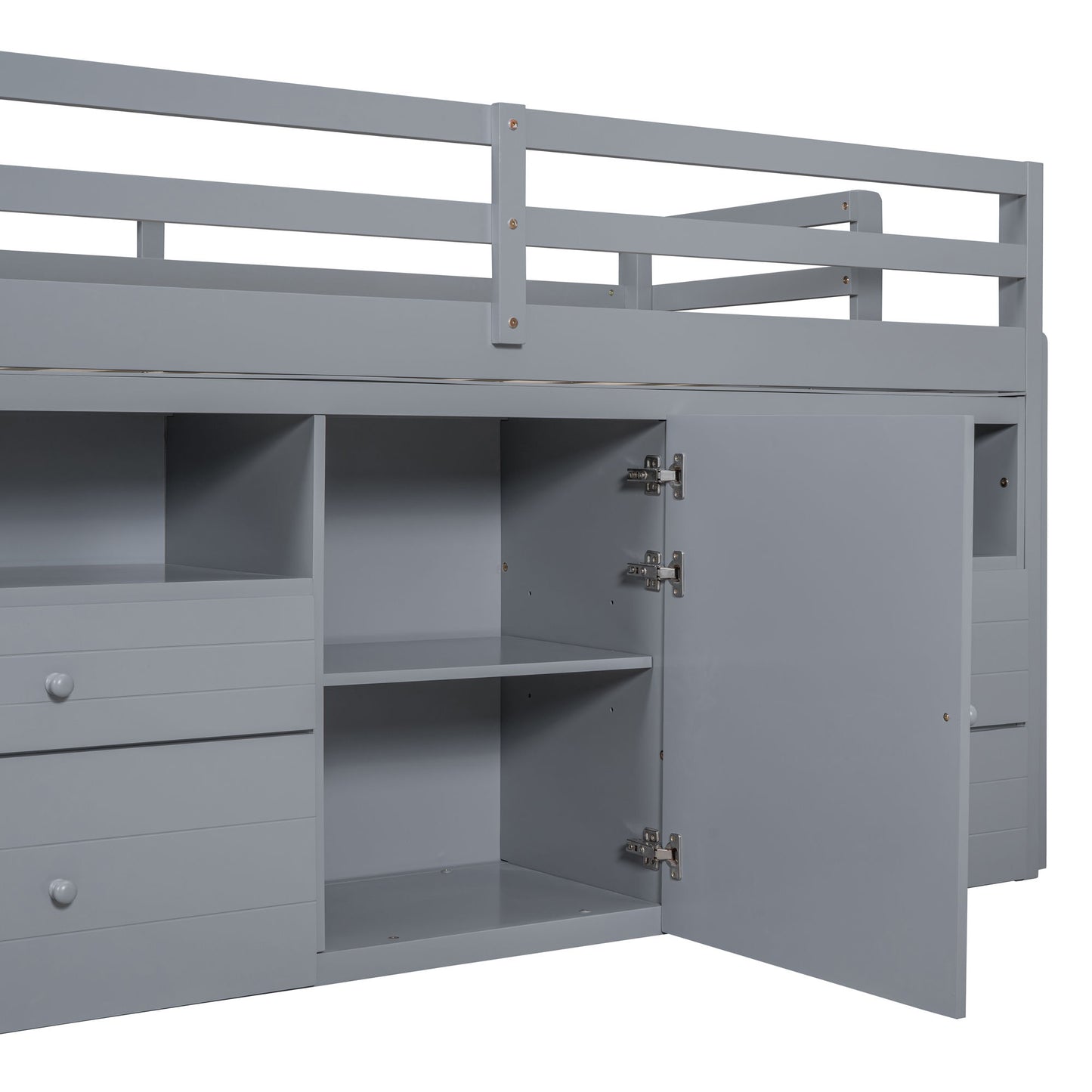 Twin Size Loft Bed With 4 Drawers, Underneath Cabinet And Shelves - Gray