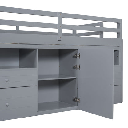 Twin Size Loft Bed With 4 Drawers, Underneath Cabinet And Shelves - Gray