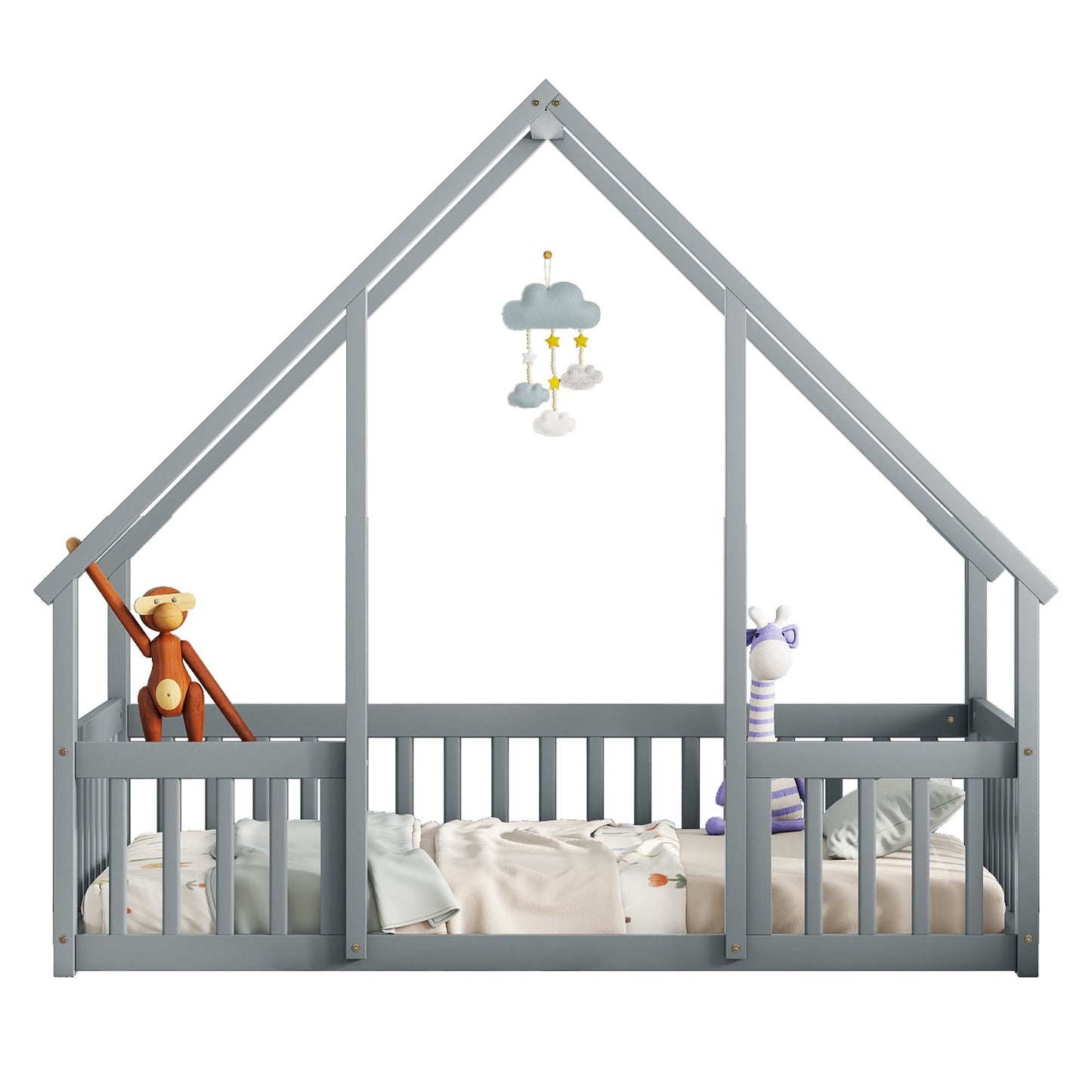 Twin Wood House-Shaped Floor Bed With Fence, Guardrails - Gray