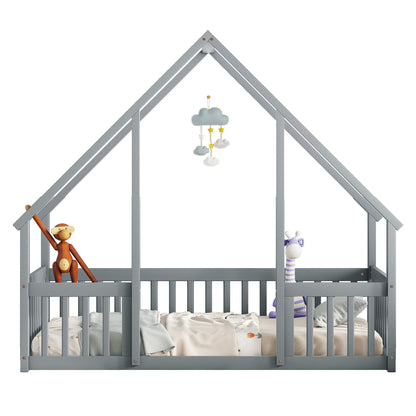 Twin Wood House-Shaped Floor Bed With Fence, Guardrails - Gray