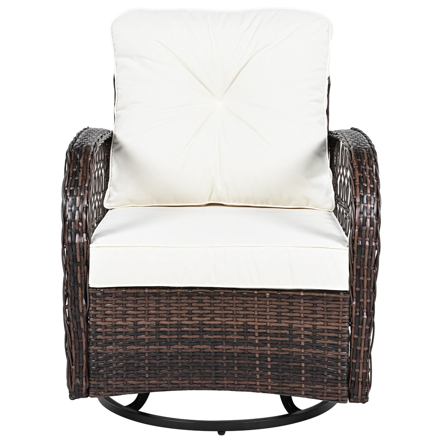 3 Piece Outdoor Chair & Table Set Chat Set 2 Person Rattan Seating Group With 2 Swiveling And Rocking Chairs And A Square Table For Garden, Patio, Or Balcony - Brown