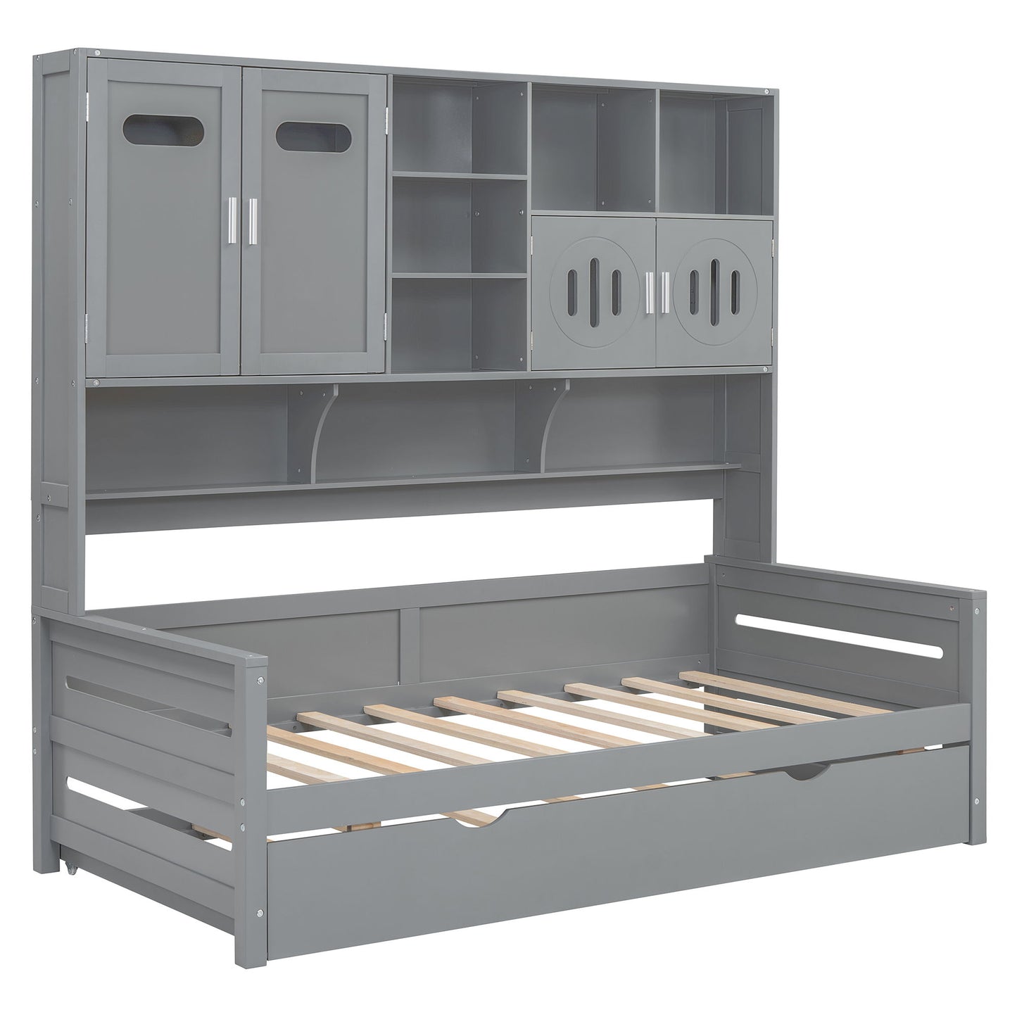 Twin Size Daybed With Twin Size Trundle, And All In One Cabinet And Shelf - Gray
