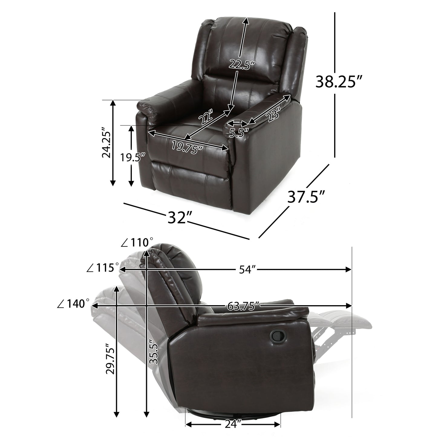 Glider Recliner With Swivel, Manual Reclining Chair - Brown