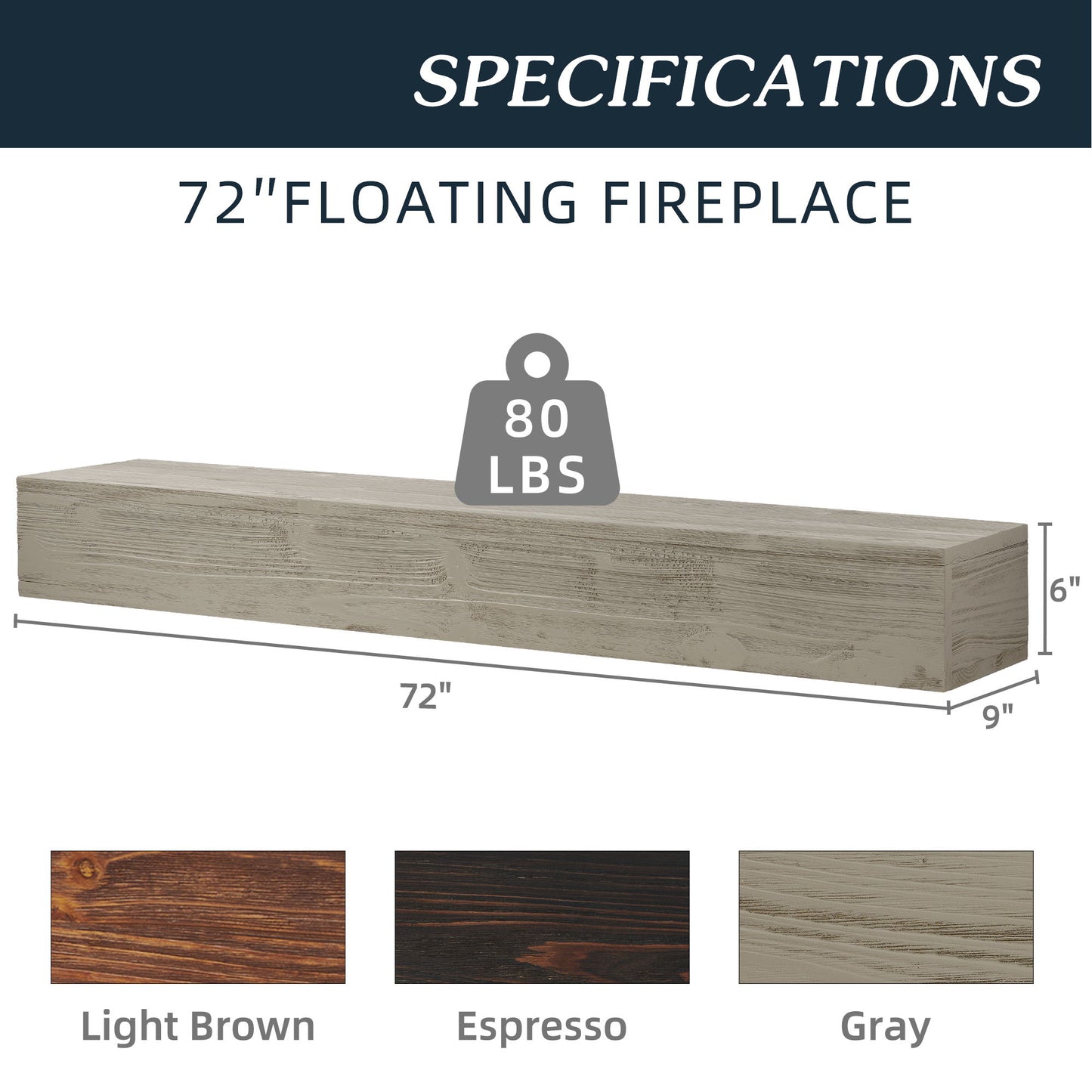72" Rustic Wood Fireplace Mantel, Wall-Mounted & Floating Shelf For Home Decor - Gray