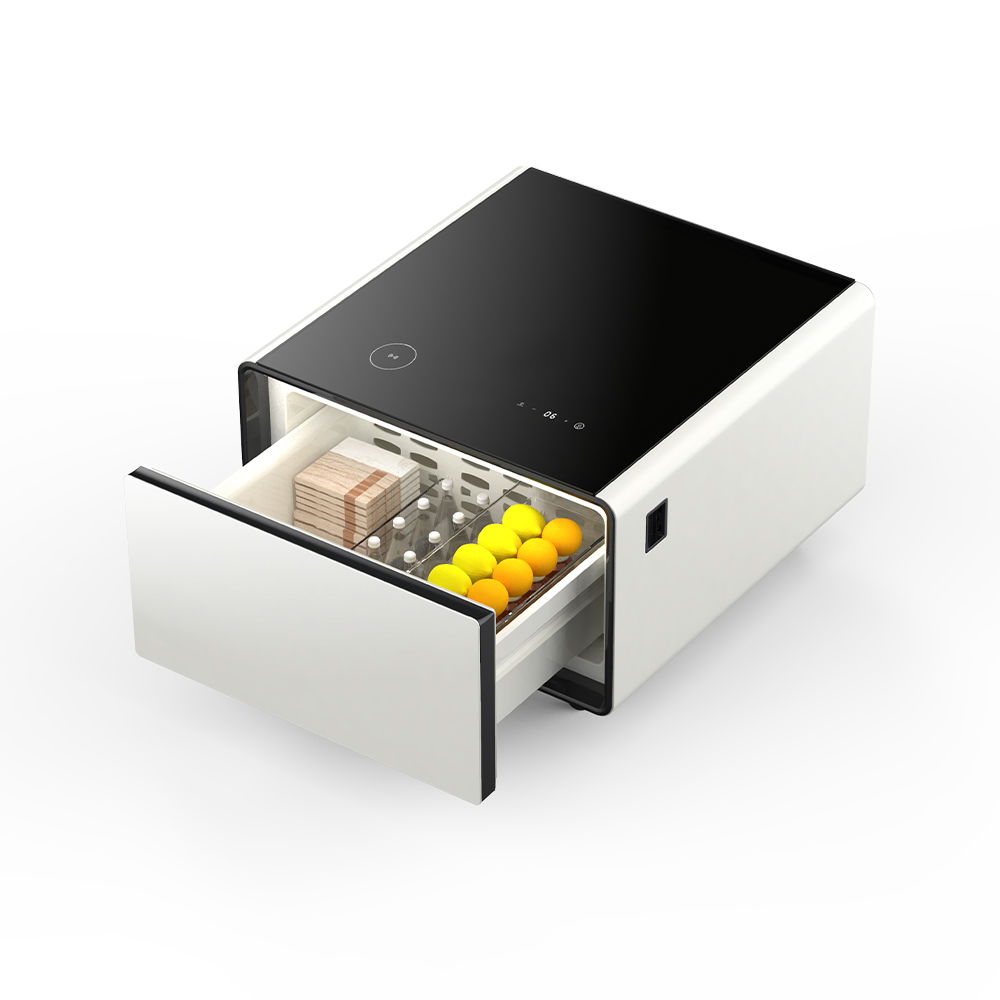 Modern Smart Side Table With Built-In Fridge, Wireless Charging, Temperature Control, Power Socket, USB Ports, Outlet Protection, Induction Light - White