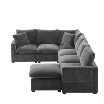 Modern U-Shape Modular Sofa, 7 Seat Chenille Sectional Couch Set With 2 Pillows Included, Freely Combinable Indoor Funiture - Black / Gray
