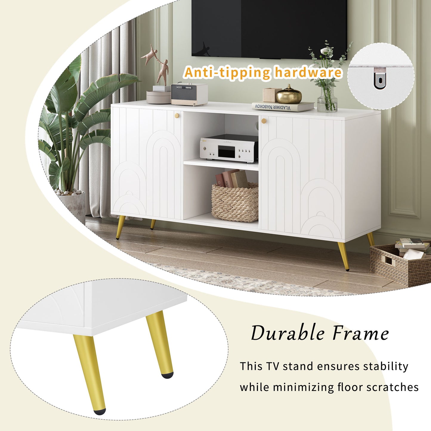 Modern TV Stand For TVs Up To 55", Entertainment Center Media Console, Adjustable Shelf, Metal Legs, Handles And Anti-Tip Device For Living Room - White