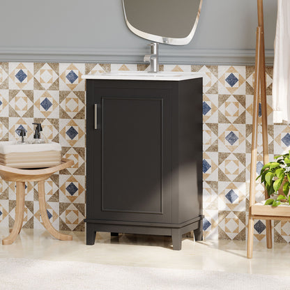 Modern Small Bathroom Vanity Cabinet With Ceramic Basin, Ample Storage, 1 Soft Close Door - Black