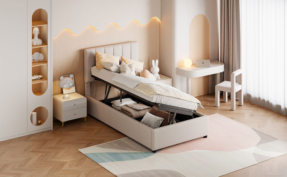 Twin Size Upholstered Platform Bed With A Hydraulic Storage System - Beige