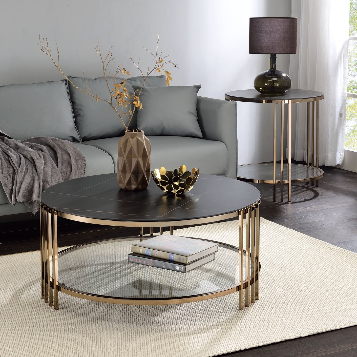 Abisha - Sintered Stone Top & Champagne End Table - Black