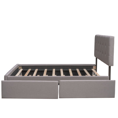 Queen Size Upholstered Platform Bed With 2 Drawers And 1 Twin Long Trundle - Light Gray
