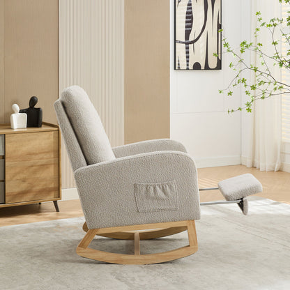 Rocking Chair For Nursery, High Back Glider Chair With Retractable Footrest, Side Pocket, Rocking Accent Armchair With Rubber Wood Legs For Living Room / Bedroom - Light Gray