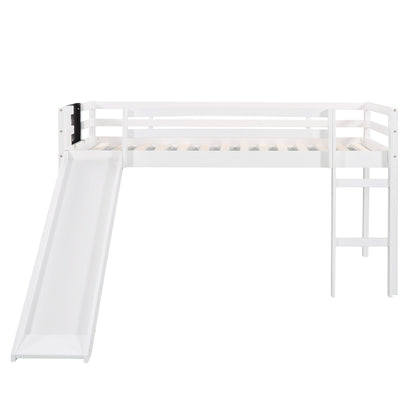 Twin Size Loft Bed With Slide, Stair And Chalkboard - White