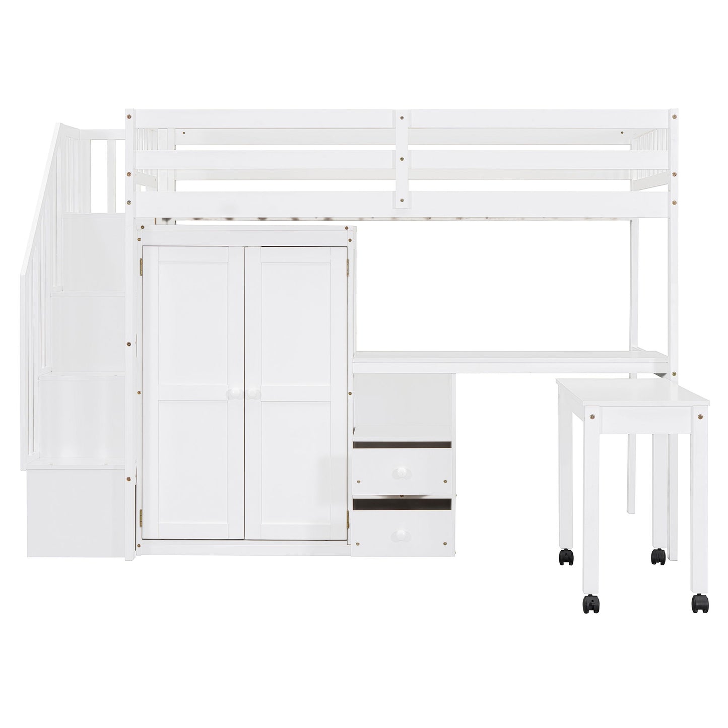 Twin Size Loft Bed With Stairs, Bookshelf, Drawers, Desk & Wardrobe, Space Saving Multifunctional Furniture - White