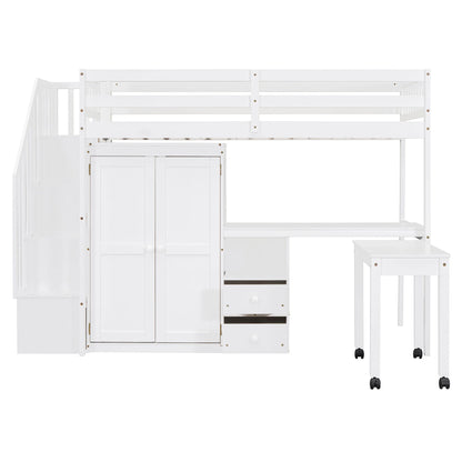 Twin Size Loft Bed With Stairs, Bookshelf, Drawers, Desk & Wardrobe, Space Saving Multifunctional Furniture - White