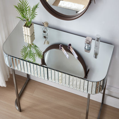 Mirrored Makeup Vanity Table With Stainless Steel Base, Mirrored Console Dressing Table With 2 Drawers, Versatile Desk For Bedroom And Office - Silver