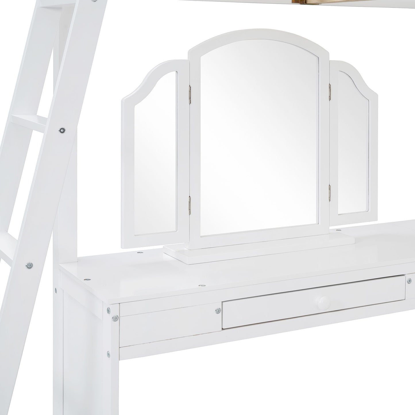 Full Loft Bed With U Shaped Desk, Storage Compartments And Tri Fold Mirror - White