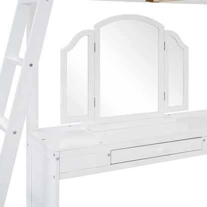 Full Loft Bed With U Shaped Desk, Storage Compartments And Tri Fold Mirror - White
