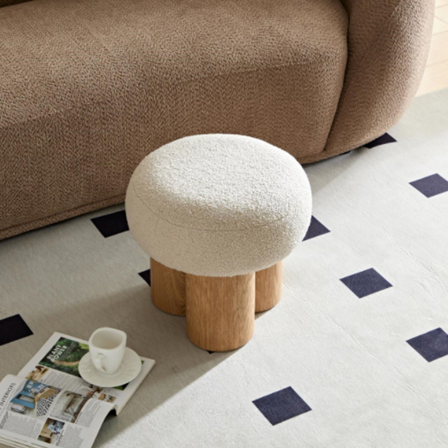 Mushroom Stool With Plush Cushion, Wooden Barrel Pipe - Greige / Walnut