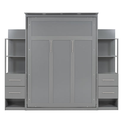 Full Size Murphy Wall Bed With Shelves, Drawers And LED Lights - Gray