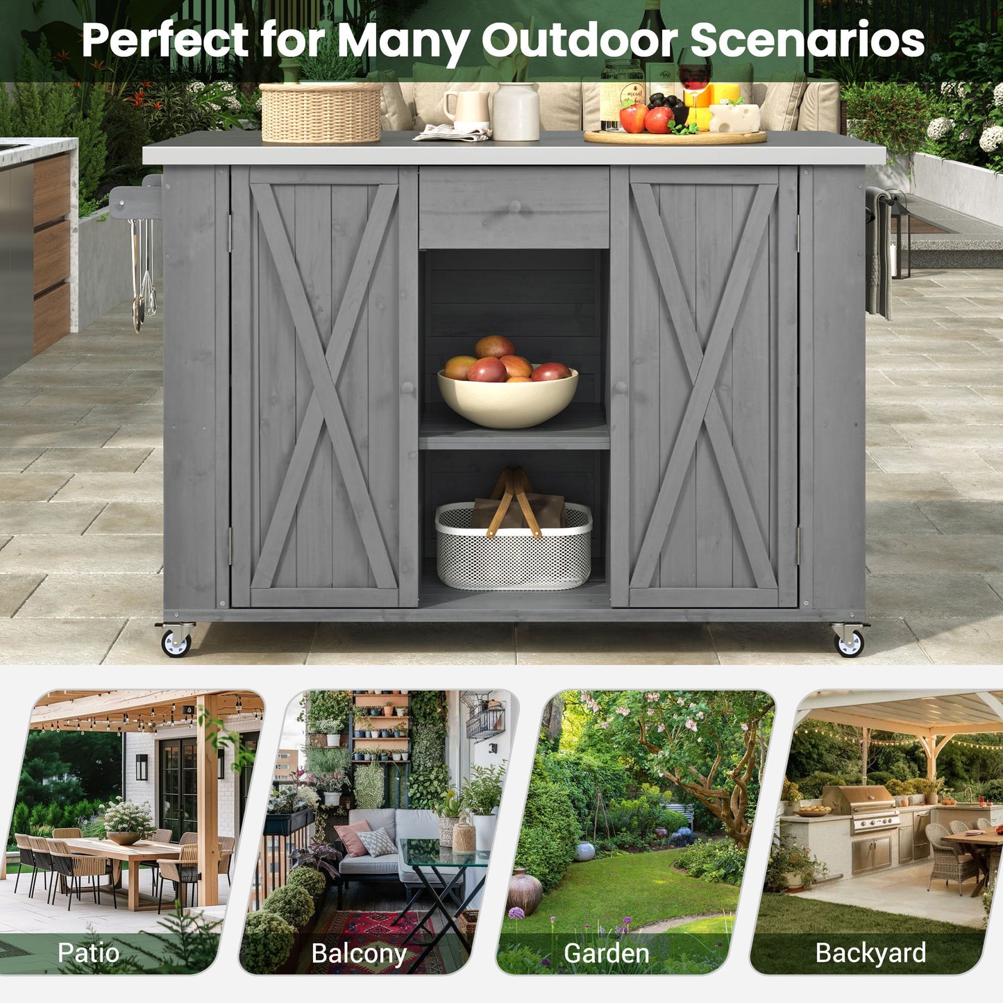 Outdoor Kitchen Island Fir Wood Kitchen Island With Stainless Steel Top, Ample Storage Space, Towel And Spice Racks And A Bottle Opener For Outdoor - Gray