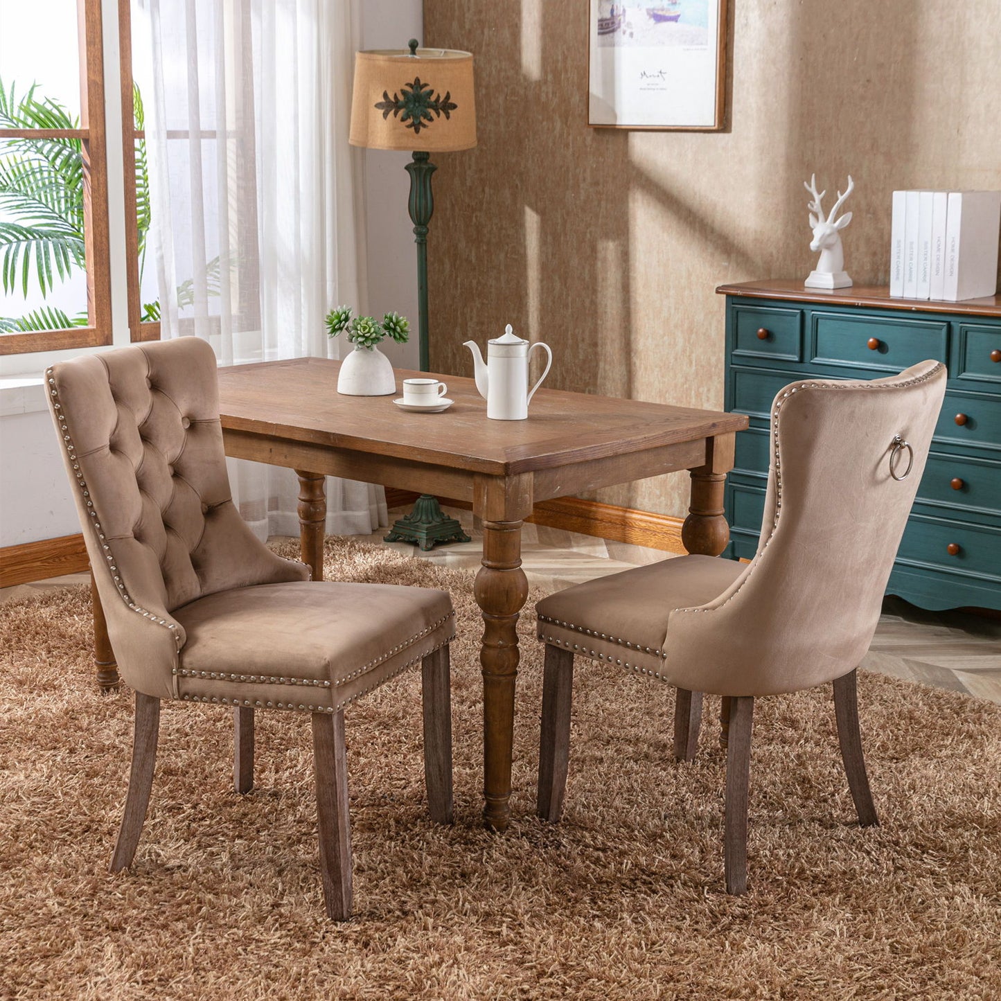 Nikki - Modern, High-End Tufted Solid Wood Contemporary Velvet Upholstered Dining Chair With Wood Legs Nailhead Trim (Set of 2) - Khaki
