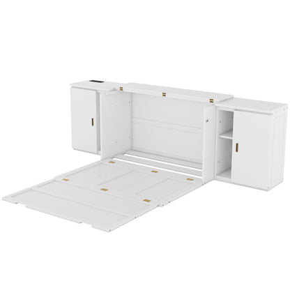 Full Size Murphy Bed With Shelves, Cabinets And USB Ports - White