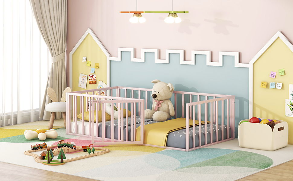 Twin Size Floor Bed Frame With Fence And Door - Pink
