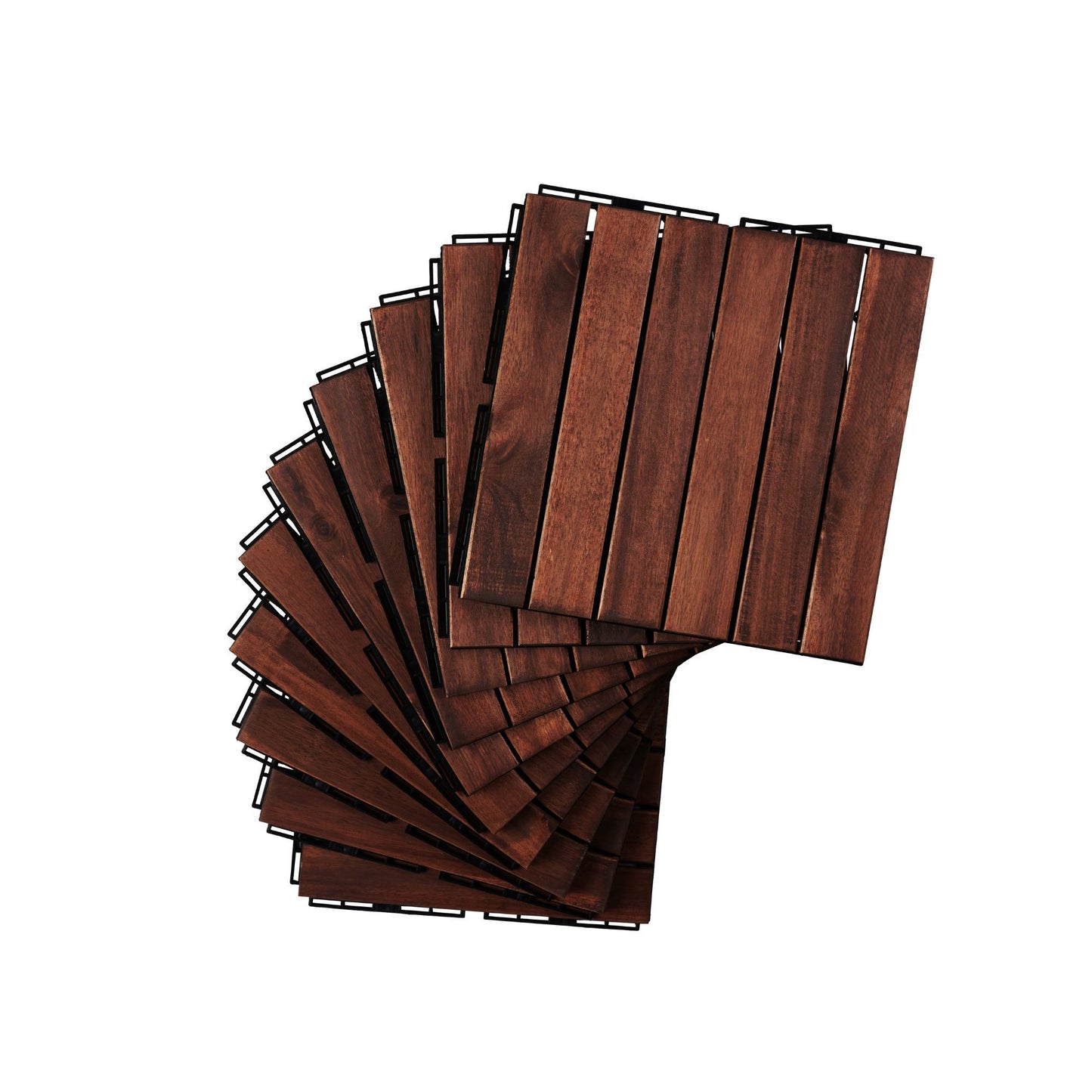 10 Piece Interlocking Deck Tiles Striped Pattern, Square Acacia Hardwood Outdoor Flooring For Patio, Bancony, Pool Side - Brown
