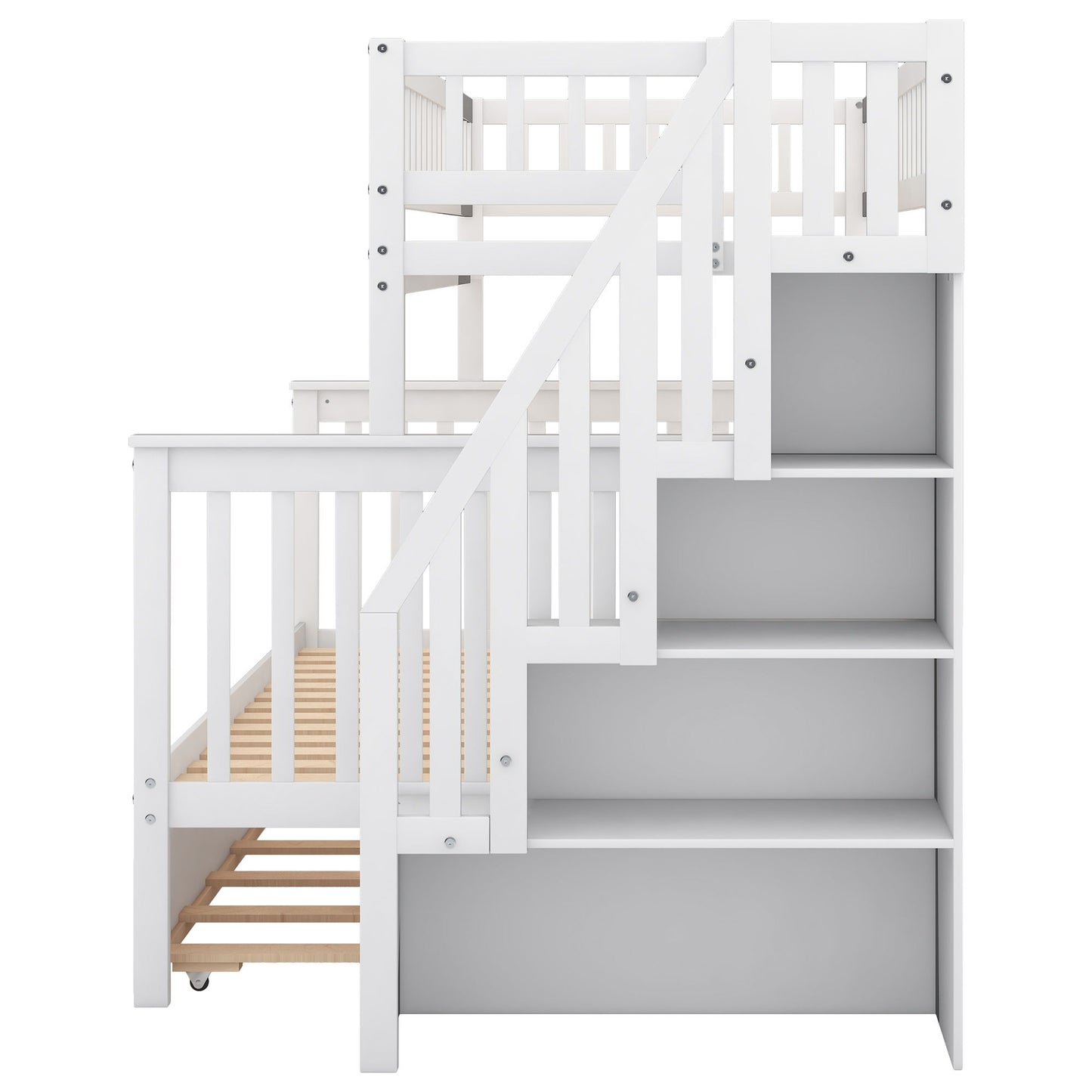 Twin Over Full Bunk Bed With Trundle And Staircase - White