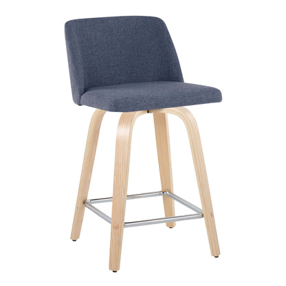 Toriano - Contemporary Fixed Height Counter Stool With Swivel With Square Footrest (Set of 2) - Natural / Blue