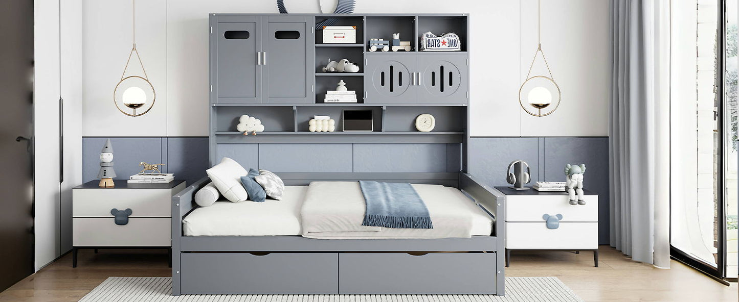 Full Size Daybed With 2 Drawers And All In One Cabinet And Shelf - Gray