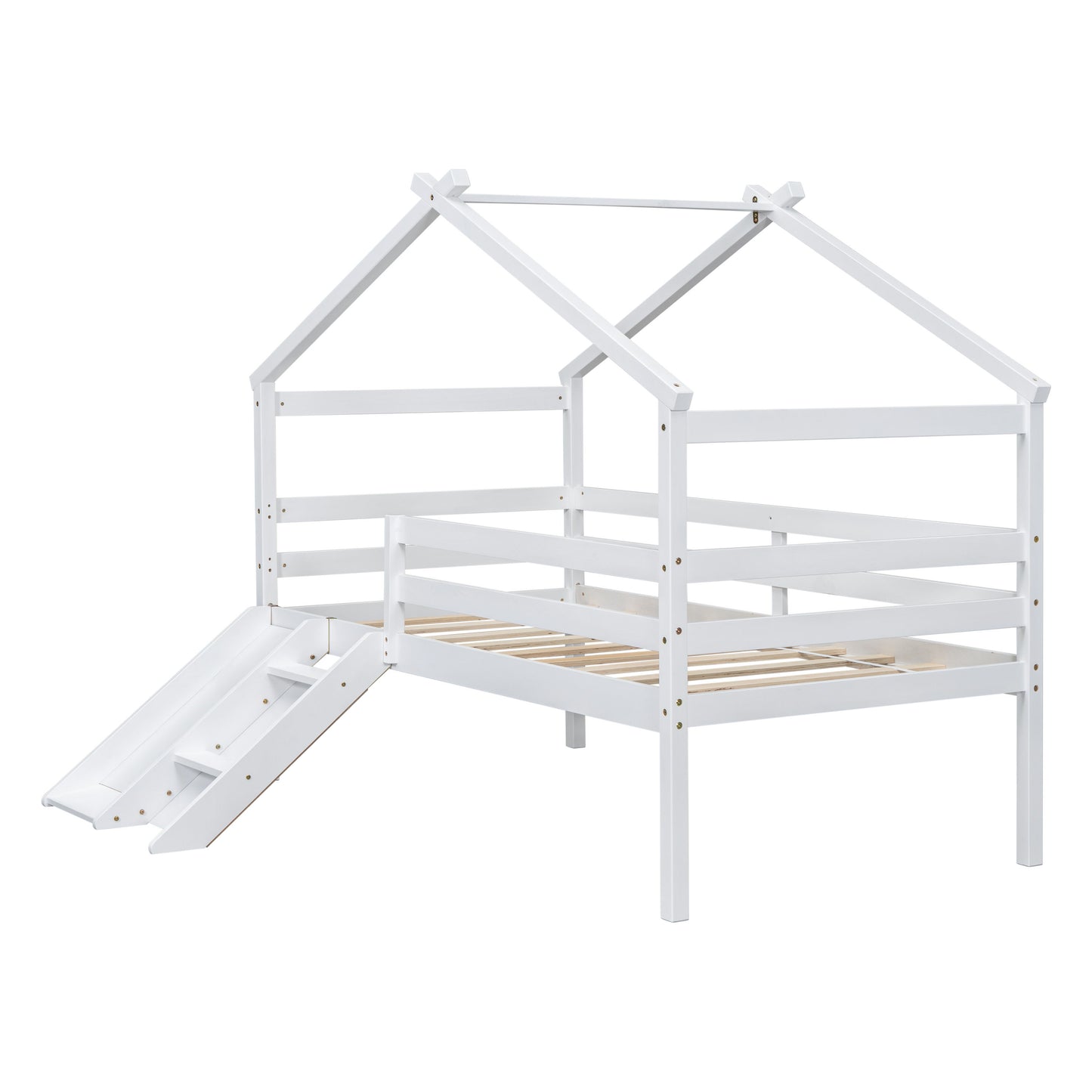 Twin Low Loft House Bed With Slide, Ladder, Safety Guardrails, House Roof Frame - White