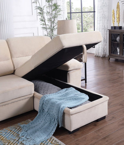 Kipling - Velvet Fabric Reversible Sleeper Sectional Sofa Chaise - Beige