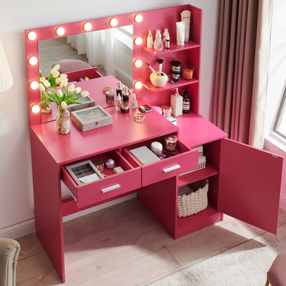 Vanity Desk With Mirror And Lights, 46.4In Dressing Table With 2 Large Drawer & Large Vertical Organizer, 3 Level Dresser & 3 Lighting Modes Adjustable Brightness, Suitable For Bedroom - Rose Pink