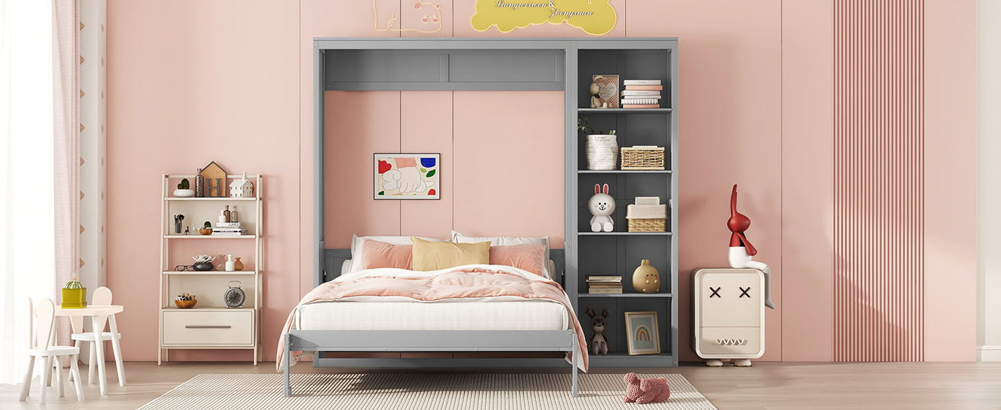 Full Size Murphy Wall Bed With Shelves - Gray