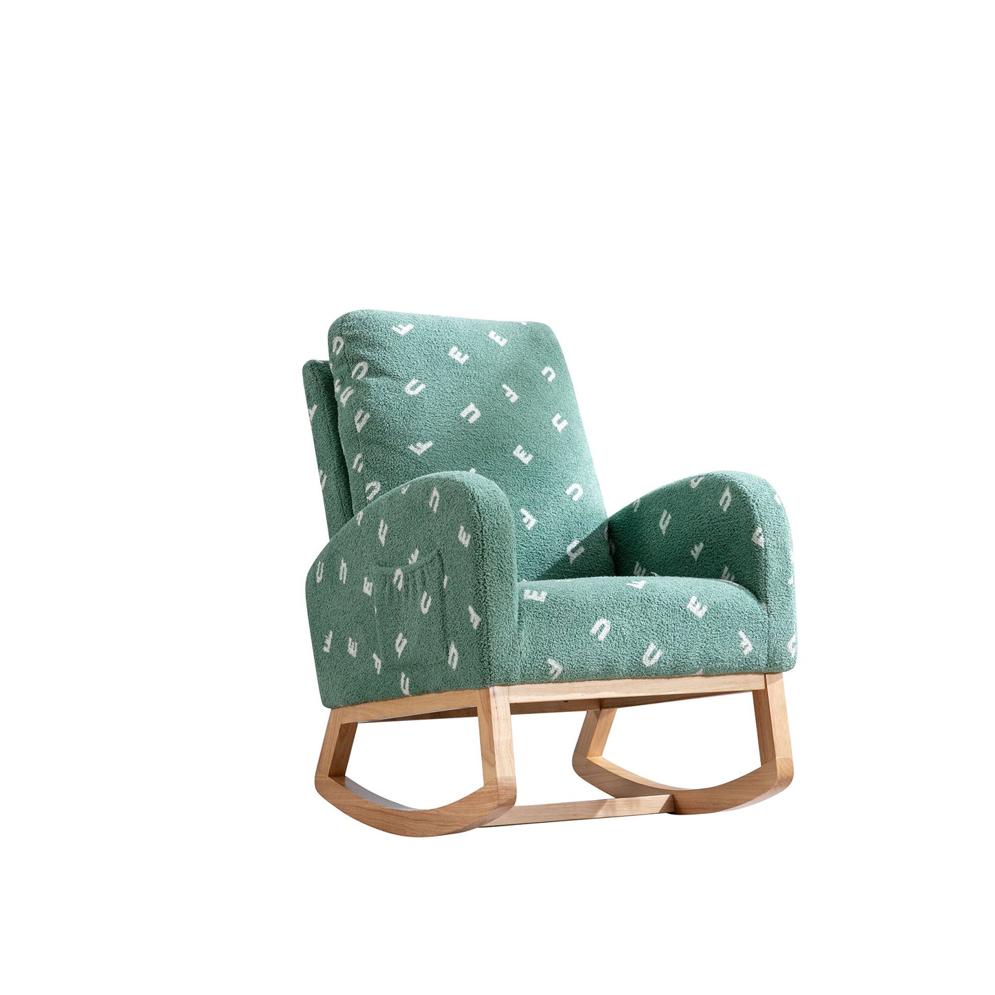 Modern Rocking Chair For Nursery, Mid Century Accent Rocker Armchair With Side Pocket, Upholstered High Back Wooden Rocking Chair For Living Room - Green